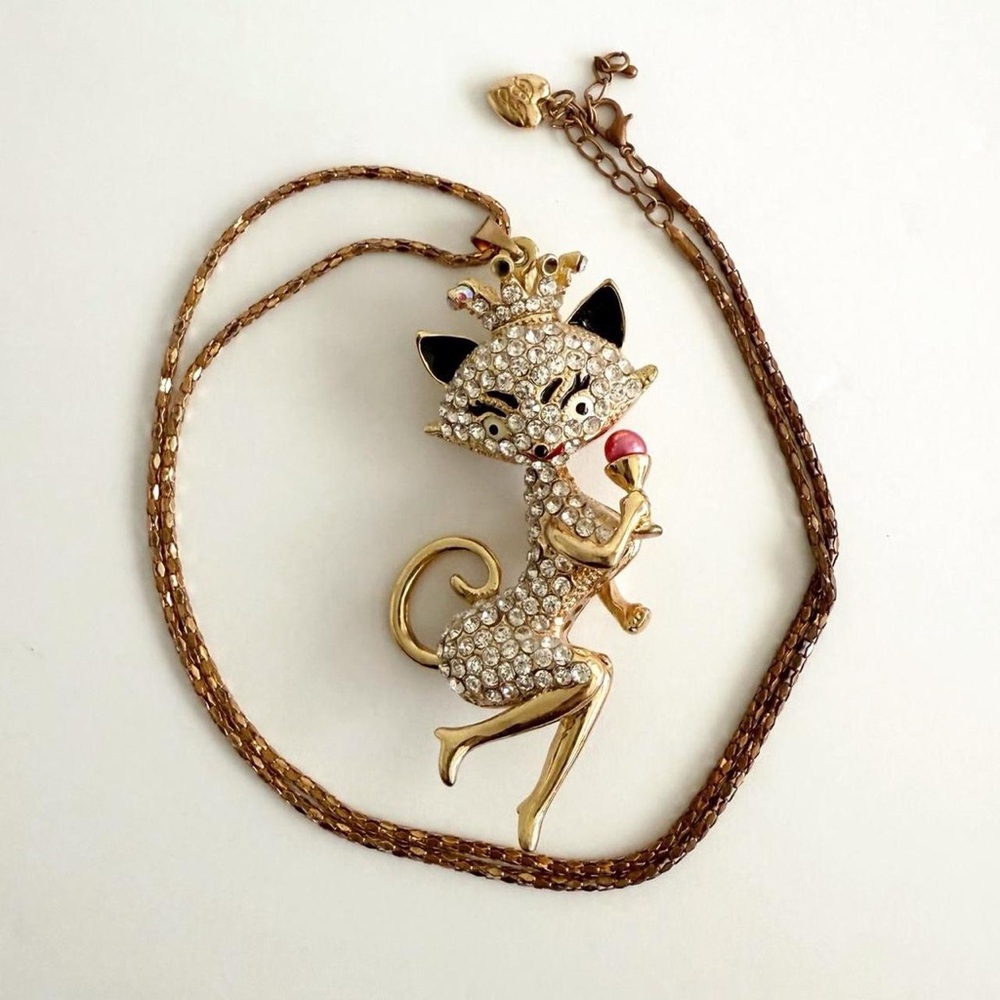 Vintage Y2K Betsey Johnson Rhinestone Encrusted Cat Pendant Necklace - Picture 1 of 8